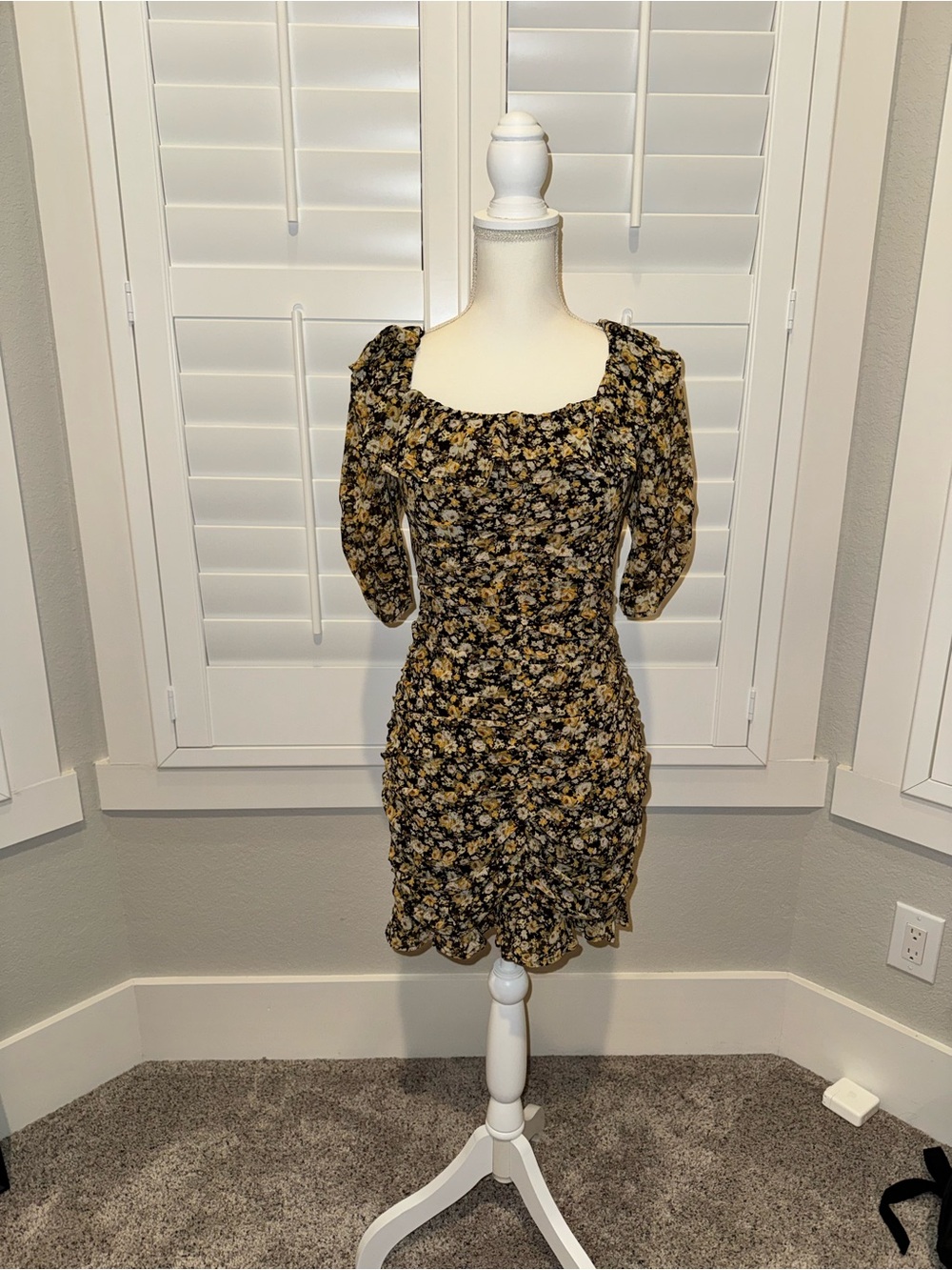 Astr Black Floral Ruched Square-Neck Mini Dress with Yellow Blossoms
